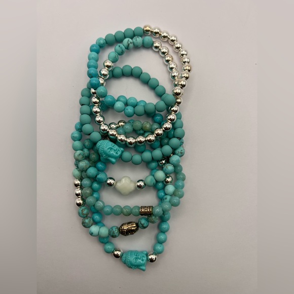 Turquoise Blue & Silver Buddha Bracelet Set -Stacked Bracelet Bead Bracelet Set - Picture 10 of 16